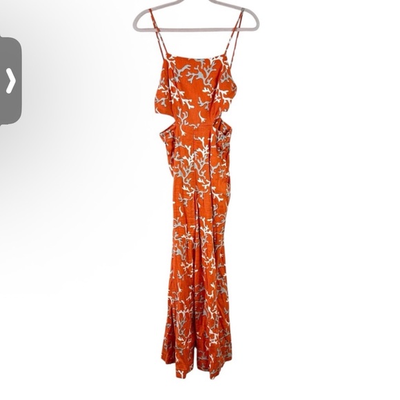 MAEVE anthro size 4 Rivera orange coral print cutout linen wide leg jumpsuit 4 - Picture 5 of 7